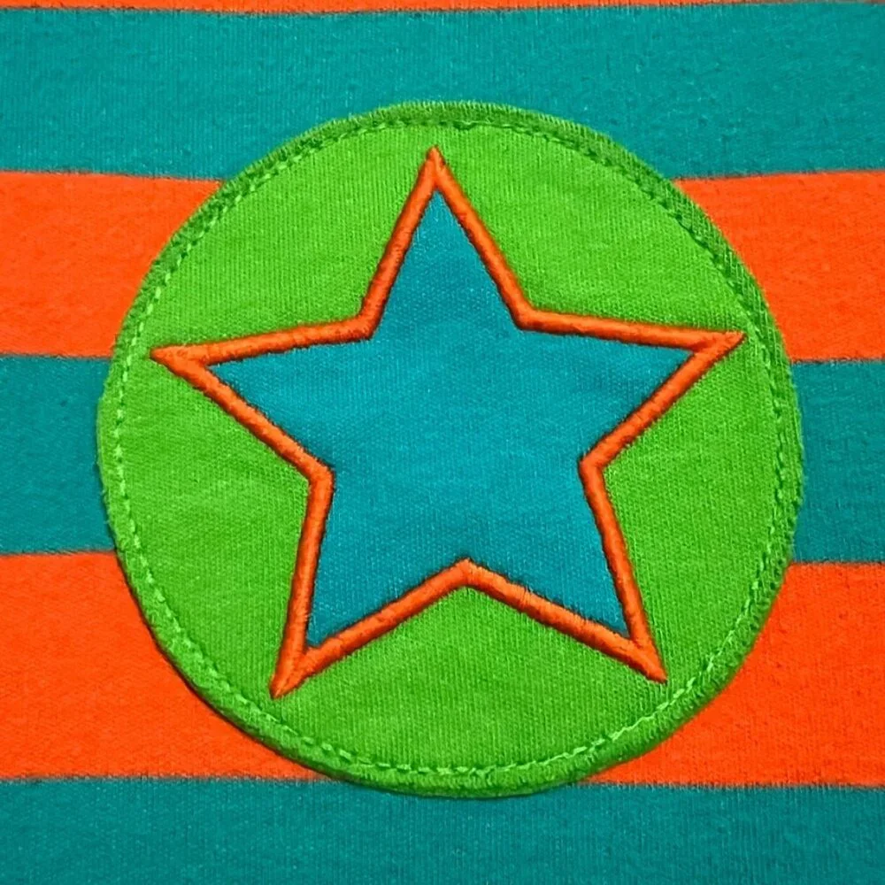 Villervalla Sz 134 (9Y) Organic Orange & Blue Striped Star Appliqué Dress